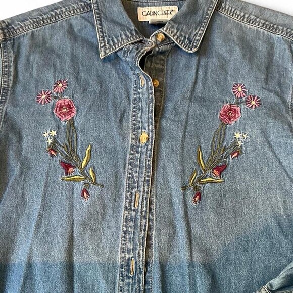 Vintage Denim Floral Embroidered Button Up 100% Cotton Medium Cabin Creek - Picture 2 of 5